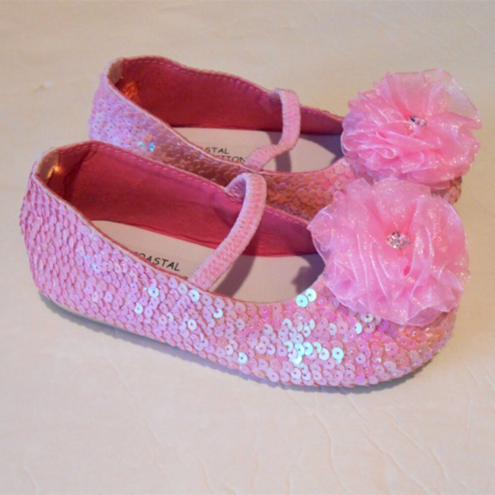 sz  0, 1, 3, 4, NEW Pink Sequin‎ Ballerina Flats w/Organza Flower Baby  Girls